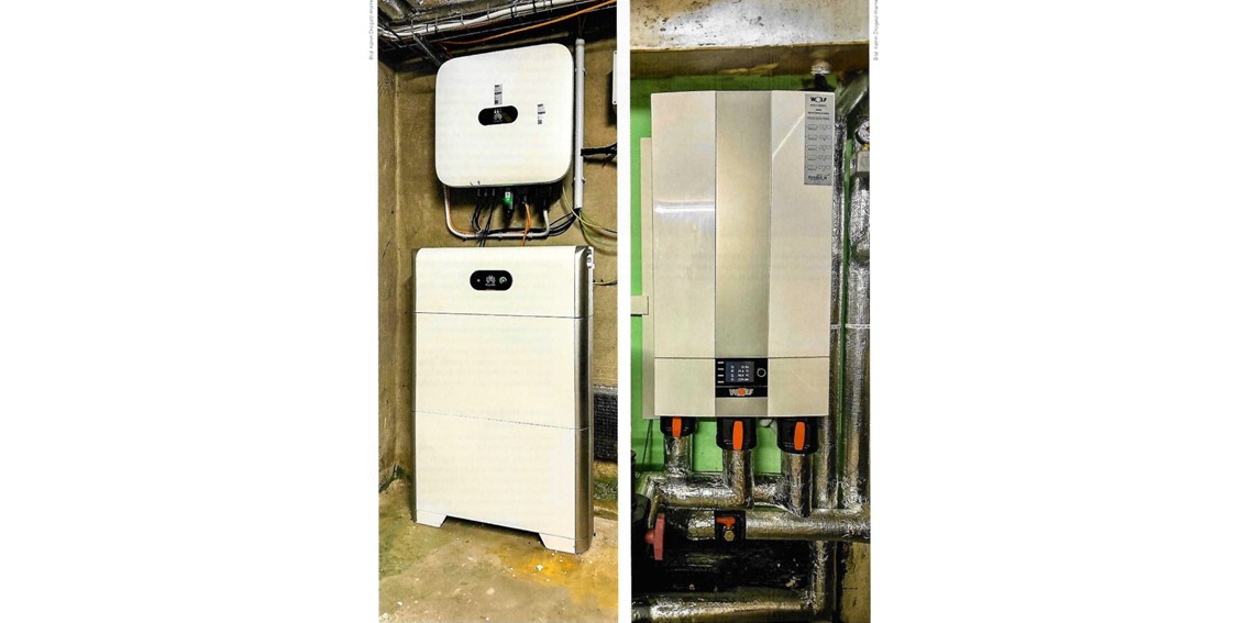 Ein Wechselrichter mit Stromspeicher und eine Heizkreisverteilung.