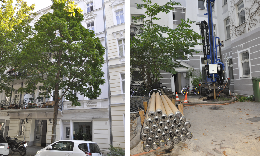 Straßenansicht sowie Innenhof mit Bohrmaschine  