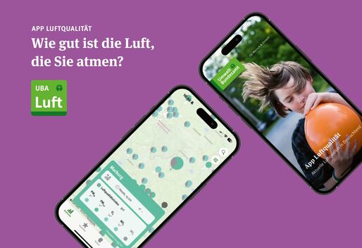 Zwei Smartphones auf lila-farbenem Hintergrund. Aufschrift: Wie gut ist die Luft, die sie atmen?