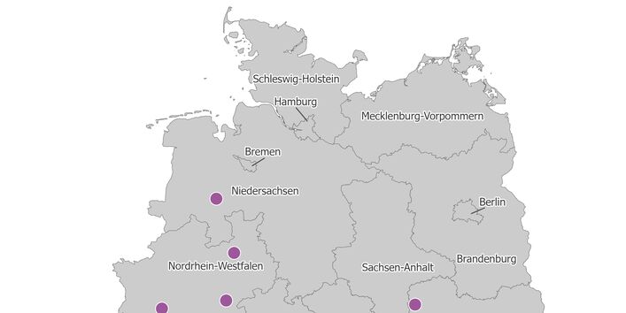 Die Karte zeigt die räumliche Verteilung der PRTR-berichtspflichtigen Eisenmetallgießereien im Jahr 2024. Die meisten dieser Betriebe liegen in dem Bundesland Hessen.