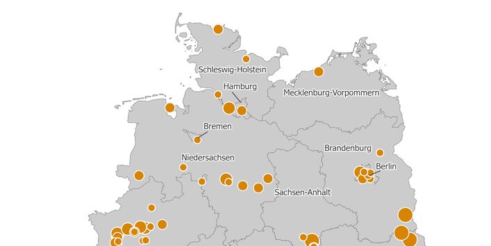 Die Karte zeigt die räumliche Verteilung der PRTR-berichtspflichtigen Wärmekraftwerke und anderen Verbrennungsanlagen unter Angabe der jeweiligen Stickstoffoxid-Emissionsmengen in die Luft für das Berichtsjahr 2024.