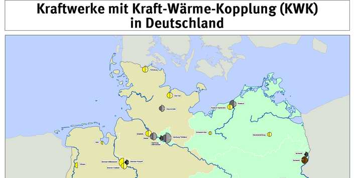 Die Karte zeigt die in Betrieb befindlichen Anlagen für Kraft-Wärme-Kopplung ab 50 Megawatt elektrischer Leistung in Deutschland.