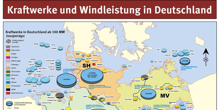 Die Karte zeigt Kraftwerke ab 100 MW sowie die installierte Windleistung in Deutschland, den einzelnen Bundesländern und auf See.