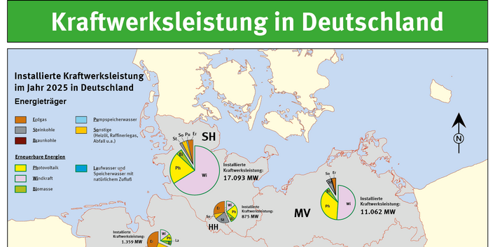Die Karte zeigt die installierte Kraftwerksleistung der einzelnen deutschen Bundesländer und von Deutschland insgesamt.