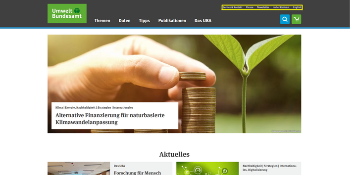 Screenshot der UBA-Website, gelb umrandet das Metamenü