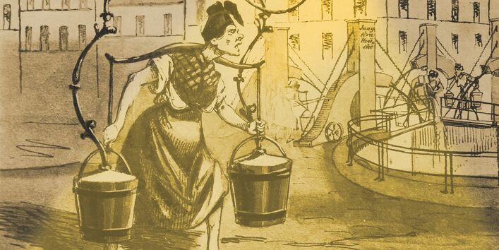 Karrikatur einer Frau, die nachts heimlich Fäkalien entsorgt. Sie trägt zwei Eimer und eine Laterne.