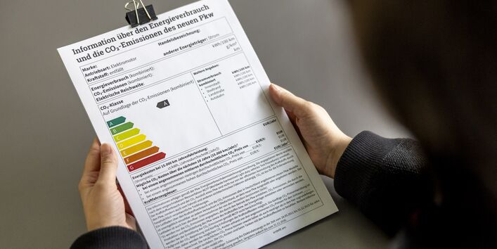 Mensch hält Pkw-Label in der Hand