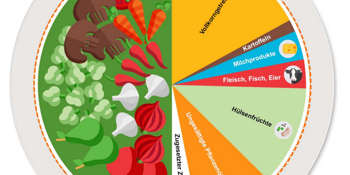 Kuchendiagramm, das zeigt, in welchen Mengen die einzelne Lebensmittel konsumiert werden sollten.