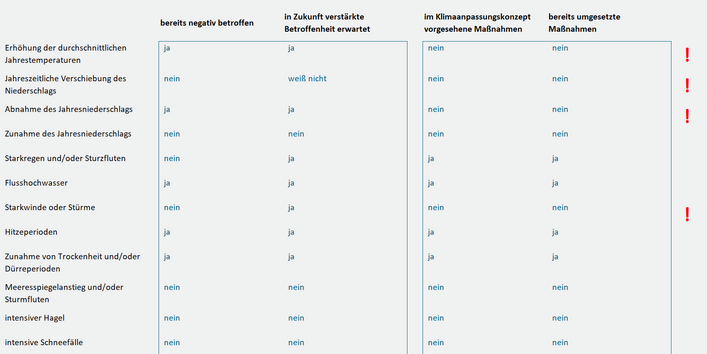 Tabelle zu Klimawirkungen mit fünf Spalten: bereits negativ betroffen, in Zukunft verstärkte Betroffenheit erwartet, im Klimaanpassungskonzept vorgesehene Maßnahmen, bereits umgesetzte Maßnahmen. Mehrere Einträge enthalten „ja“, „nein“ oder „weiß nicht“. In der Maßnahmen-Spalte steht überall „keine Eingabe im Bereich 5“. In der letzten Spalte erscheinen rote Ausrufezeichen, wo Lücken zwischen Betroffenheit und Maßnahmen bestehen.