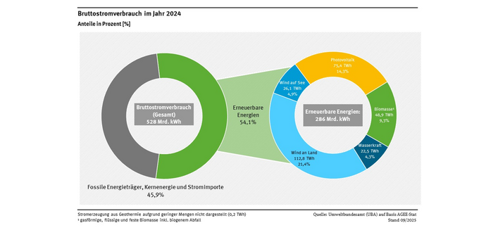 Ein Ringdiagramm stellt die Zusammensetzung der erneuerbaren Stromproduktion im Jahr 2024 dar. Die Windenergie stellt mit insgesamt 49 % den größten Anteil bereit, PV stellt 26 %, Biomasse 17 % und Wasserkraft 8 % des erneuerbaren Stroms. Die Stromerzeugung aus erneuerbaren Energieträgern (54,1 %) ist außerdem der Stromerzeugung aus konventionellen Energieträgern (45,9 %) gegenübergestellt. 