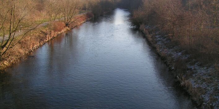 Foto: Die begradigte Ruhr ohne besondere Strukturen. Am Gewässer sind Bäume zu sehen. Ein Rad- und Fußweg verläuft direkt am Ufer.