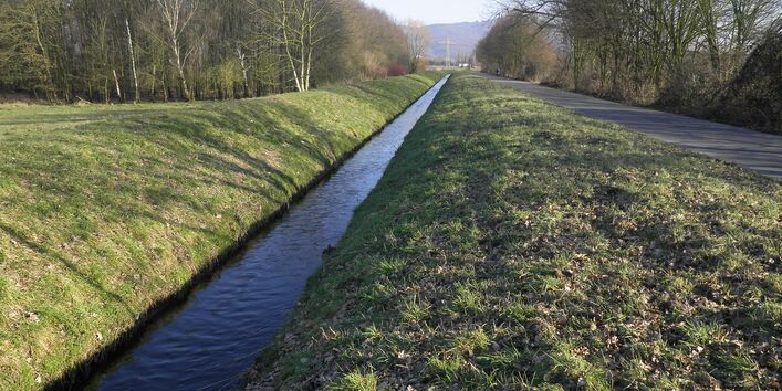 A embanked ditch with a very straight course. Riverbank vegetation consists only of short grass. Paths run along the tops of the dyke.
