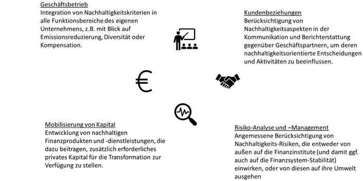 Die vier Handlungsfelder von Sustainable Finance bestehen in der Mobilisierung von Kapital für nachhaltige Projekte, in der Integration von Nachhaltigkeitskriterien im Geschäftsbetrieb, in der Berücksichtigung von Nachhaltigkeitsaspekten im Umgang mit der Kundschaft, sowie in der Risiko-Analyse und Management von Nachhaltigkeitsaspekten.
