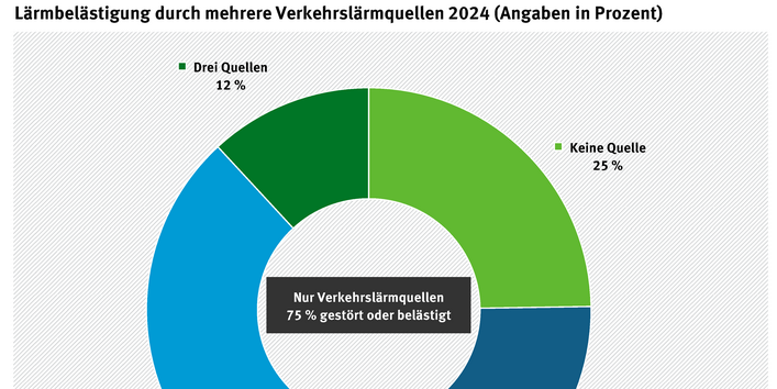 Tortendiagramm: 75 % fühlen sich von Verkehrslärm gestört oder belästigt, 35 % von einer Verkehrslärmquelle, 29 % von zwei und 12 % von drei Quellen.