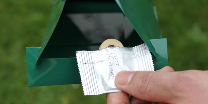 Lockstofffalle gegen Apfelwickler, die die Stärke des Falterflugs anzeigt.