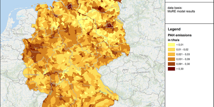 Figure 3: Spatial distribution of the area-specific emissions of polycyclic aromatic hydrocarbons (here sum of the 16 EPA PAHs) into surface waters in Germany (average value 2012 to 2016 