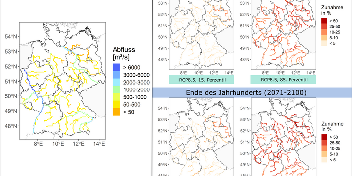 Simulierte Änderung der jährlichen Hochwasserabflüsse für verschiedene 30-Jahreszeiträume