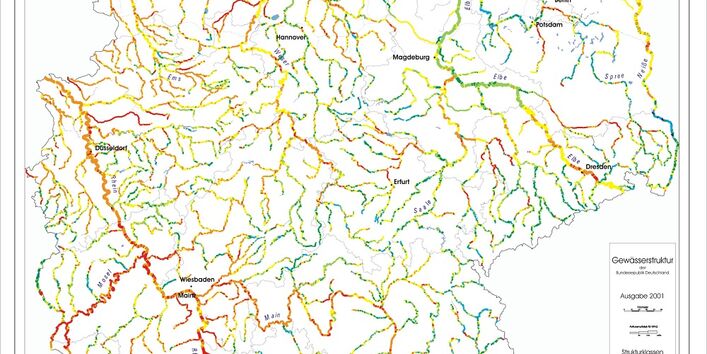 Auf der Deutschlandkarte ist die Strukturkarte der Fließgewässer in Deutschland dargestellt