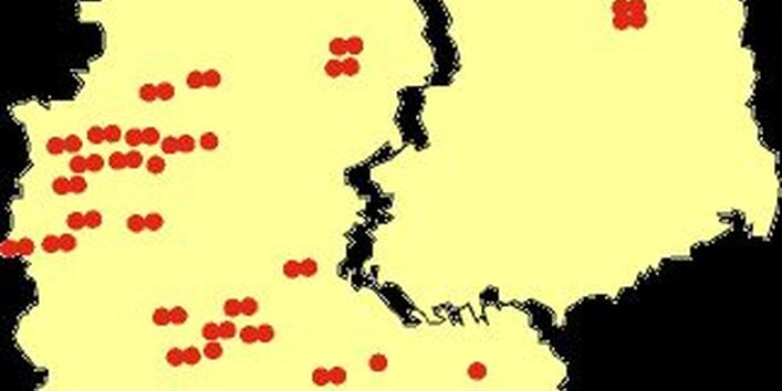 Erhebungsorte der Umweltstudie zur Gesundheit (ehem. Umwelt-Survey) 1985/86 als Punkte auf der Deutschlandkarte