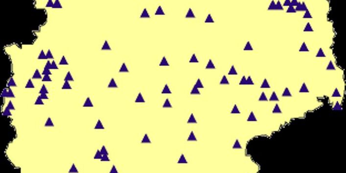 Erhebungsorte zur Umweltstudie zur Gesundheit 1997 bis 1999 (auch gelegentlich Umwelt-Survey 1998 genannt) als Dreiecke in der Deutschlandkarte