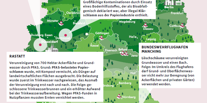 eine Karte von Deutschland mit Hotspots für PFAS