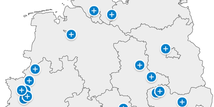 Ausschnitt aus einer Deutschlandkarte mit Markern