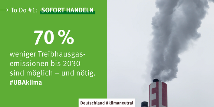 Sharepic aus einem Foto eines rauchenden Industrieschornsteins und dem Text: To Do 1: Sofort handeln. 70 % weniger Treibhausgasemissionen bis 2030 sind möglich - und nötig. #UBAklima