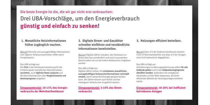 Infografik: Die 3 Vorschläge sind: 1. Monatliche Heizinformation früher zugänglich machen. 2. Digitale Strom- und Gaszähler schneller einführen und verständliche Informationen bereitstellen. 3. Heizungen effizienter betreiben.