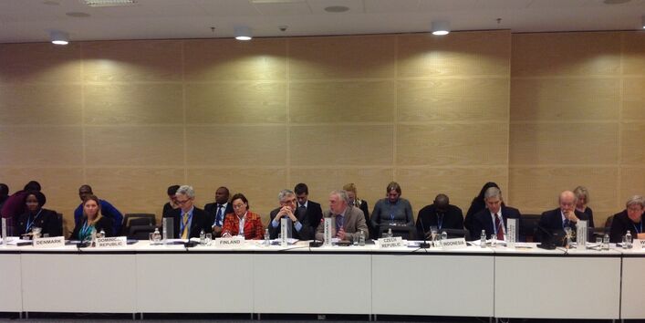 Jochen Flasbarth an einem großen Tisch in einer Besprechung mit Vertretern verschiedener Länder