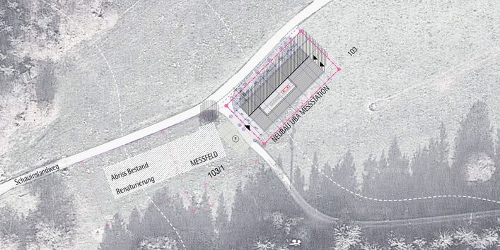 in einem Luftbild ist am Schauinslandweg ein Feld für Abriss und Renaturierung eingezeichnet und direkt daneben der Neubau