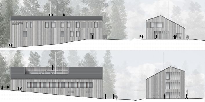 die gezeichnete Ansichten aller vier Seiten des geplanten Gebäudes zeigen ein zweigeschossiges Gebäude mit Satteldach und hochformatigen Fenstern