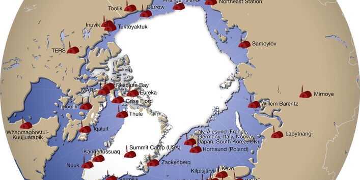Kreisrunde Übersichtsgrafik über die Forschungsstationen in der Arktis