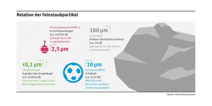 PM2,5 ist in Relation zu anderen Feinstaubpartikeln etwa so groß wie eine Christbaumkugel (ca. 0,075m im Durchmesser). PM10 ist so groß wie ein Fußball (ca. 0,3 m i.D.). Großstaub ist so groß wie ein 3-Meter-Felsen, Ultrafeinstaub wie ein Stecknadelkopf