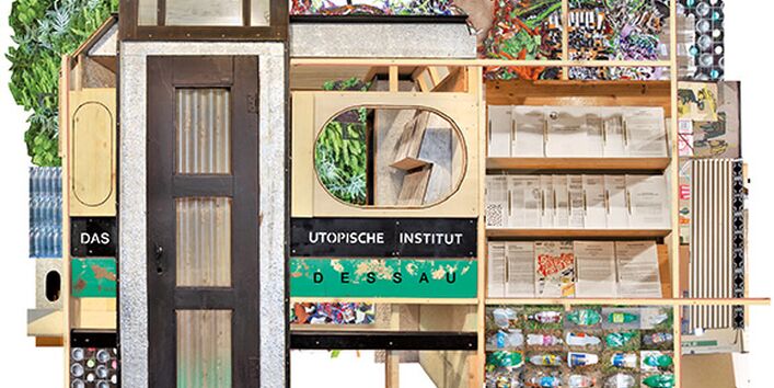 Collage aus alten Möbeln und Zeitungen als "logo" für das Utopische Institut