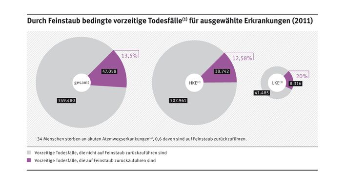 Von 349.480 vorzeitigen Todesfällen sind 47.058 (13,5%) Feinstaub bedingt. Davon sind 307.961 (gesamt) bzw. 38.742 (Feinstaub bedingt) Herz-Kreislauf-Erkrankungen und Atemwegserkrankungen. 41.485 bzw. 8.316 sind Lungenkrebs-Erkrankungen.