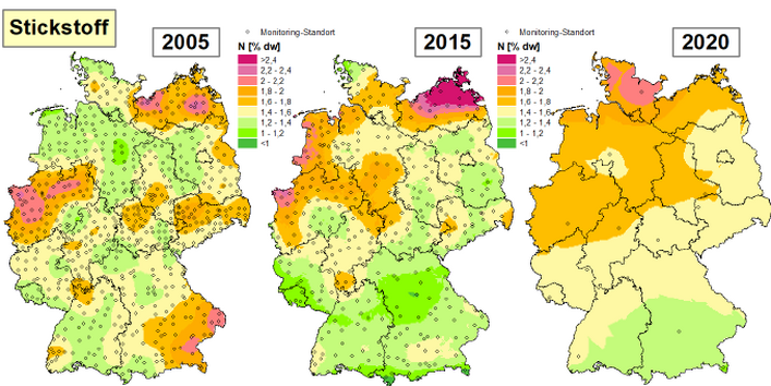 Die Karte zeigt die Höhe der Bioakkumulation von Stickstoff in den Jahren 2005 bis 2020/21 in Deutschland.
