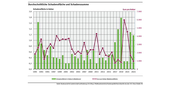 Das Diagramm zeigt die durchschnittliche Schadensfläche je Waldbrand und die Schadensumme je Hektar von 1991 bis 2023. Im Jahr 2023 lag die Schadensfläche deutlich über und die Schadensumme je Hektar Waldbrand deutlich unter dem langjährigen Mittel der Jahre 1993 bis 2022.