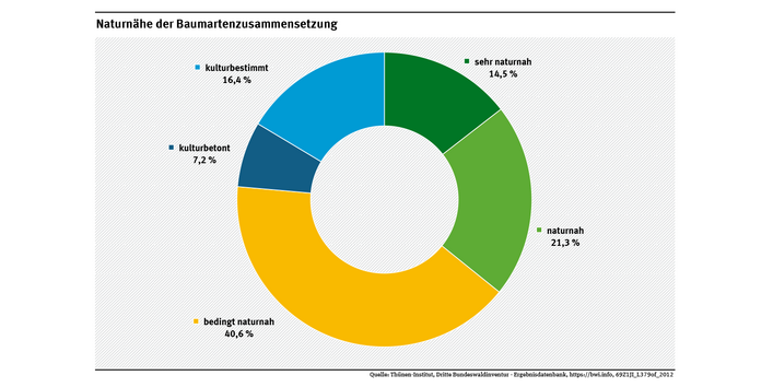 Nach den Ergebnissen der zweiten Bundeswaldinventur ist die Baumartenzusammensetzung auf rund 36 % der Waldfläche als sehr naturnah oder naturnah einzustufen. Als bedingt naturnah gelten 41 %, als kulturbetont 7 % und als kulturbestimmt 16 %.