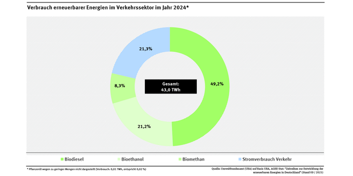 Ein Ringdiagramm stellt für das Jahr 2024 die Zusammensetzung der erneuerbaren Energien im Verkehrssektor dar. Den größten Anteil hat Biodiesel, gefolgt von Bioethanol.