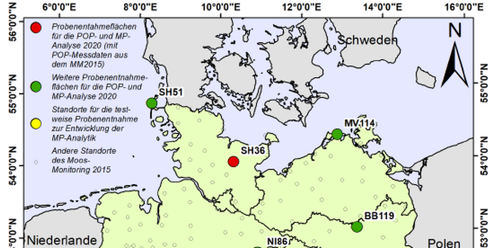 Die Karte zeigt die Standorte mit Analysen zu Mikroplastik und POPs im MM2020/2021
