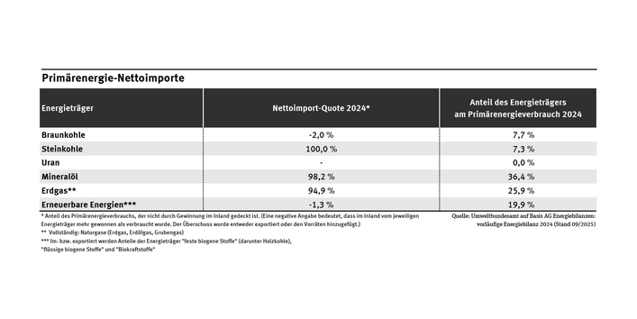 Die Tabelle stellt für 2024 den Nettoimport-Anteil Deutschlands für alle wichtigen Energieträger sowie ihren Anteil am deutschen Primärenergieverbrauch dar.
