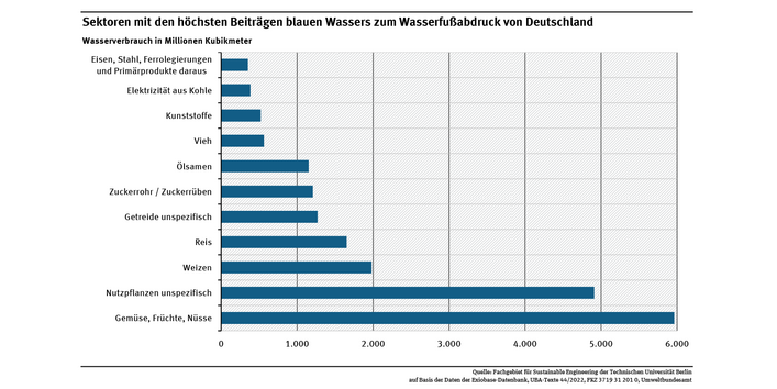 Diagramm: Die ersten 8 Sektoren mit den höchsten Beiträgen blauen Wassers zum Wasserfußabdruck von Deutschland gehören zur Landwirtschaft. Zur überwiegend im Ausland stattfindenden Bewässerung wurden für Gemüse, Früchte und Nüsse 5.960 Millionen m³ Wasser eingesetzt, für Nutzpflanzen 4.909 Millionen m³, für Weizen 1.980 Millionen m³ und für die Viehhaltung noch 353 Millionen m³.