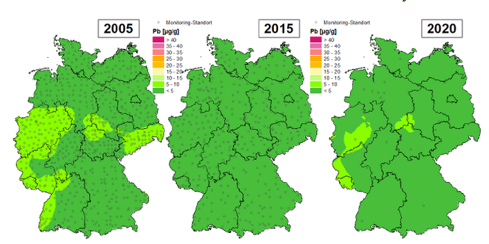 Die Karte zeigt die Höhe der Bioakkumulation von Blei und Entwicklung dieser Konzentration von 1990 bis 2020/21 in Deutschland.