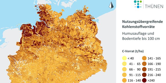 Das Thünen-Institut hat aus den bundesweiten Bodenzustandserhebungen im Wald und in der Landwirtschaft eine nutzungsübergreifende Karte der Kohlenstoffvorräte erstellt. In Nord- und Süddeutschland treten die Gebiete mit den höchsten Kohlenstoffvorräten im Boden in dunkelbraunen Farben hervor. Dies sind Moorböden und weitere organische Böden, die es besonders zu schützen gilt. Sie speichern klimarelevanten Kohlenstoff.