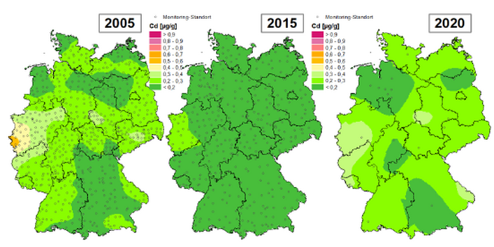 Die Karte zeigt die Höhe der Bioakkumulation von Cadmium und Entwicklung dieser Konzentration von 1990 bis 2020/21 in Deutschland.