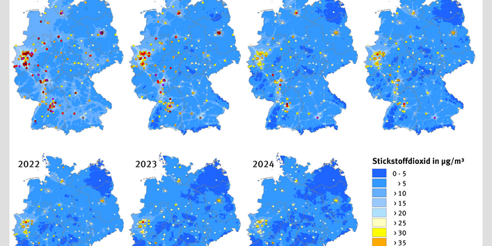 In mehreren Deutschlandkarten sind die Stickstoffdioxid-Jahresmittelwerte von 2018 bis 2024 dargestellt.