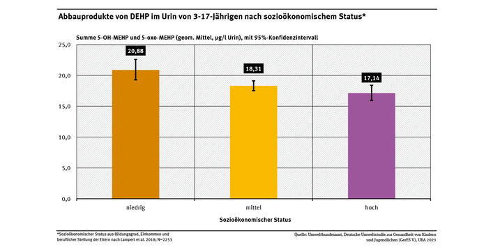 Die Abbildung zeigt, dass je niedriger der sozioökonomischen Status einer Familie war, desto höher war der Konzentration der Abbauprodukte von DEHP im Urin ihrer 3- bis 17-jährigen Kinder.