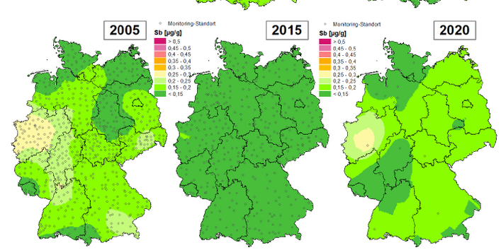 Die Karte zeigt die Höhe der Bioakkumulation von Antimon und Entwicklung dieser Konzentration von 1995 bis 2020/21 in Deutschland.