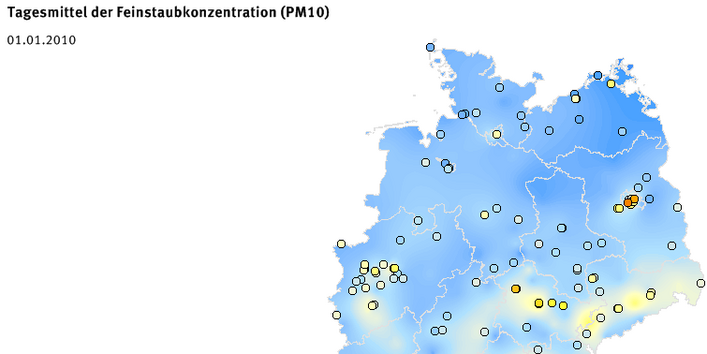 Tagesmittel der Feinstaubkonzentration (PM10) - Neujahr 2010