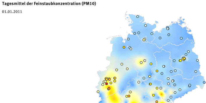 Tagesmittel der Feinstaubkonzentration (PM10) - Neujahr 2011